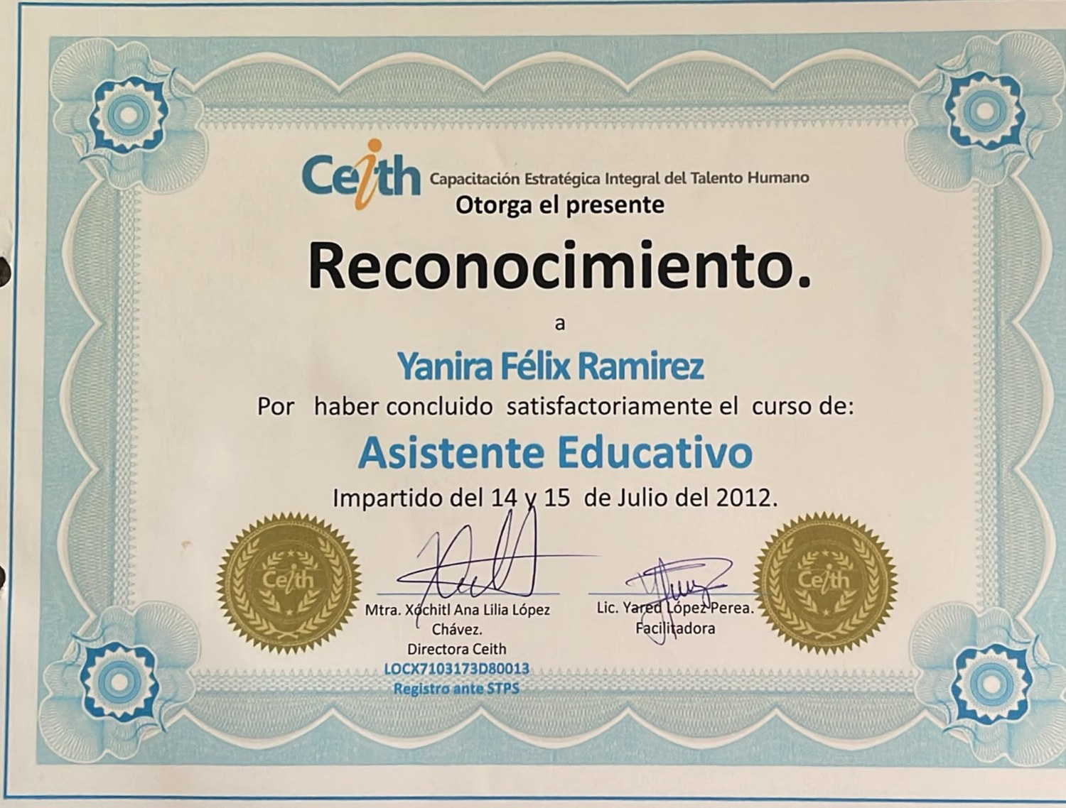 Reconocimiento de CEITH por la conclusión del curso Asistente Educativo